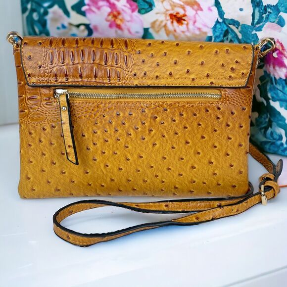 Le Miel Yellow Gold Vegan Ostrich Grain Crossbody Shoulder Bag PETA Approved - Picture 3 of 8